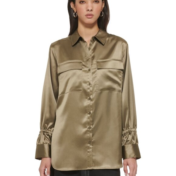DKNY Satin Tunic Shirt Light Fatigue Green M NWT Oversized Utility Button Down - Picture 2 of 5